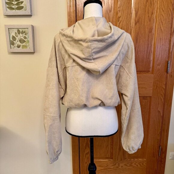 SHEIN Sz M Beige Corduroy Cropped Hooded L/S Jacket Zip Elastic Hem & Sleeves - Picture 5 of 9